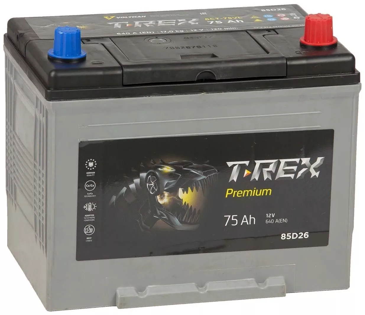 Аккумулятор T-rex 6СТ-75 АПЗ ПР+ Asia Jis