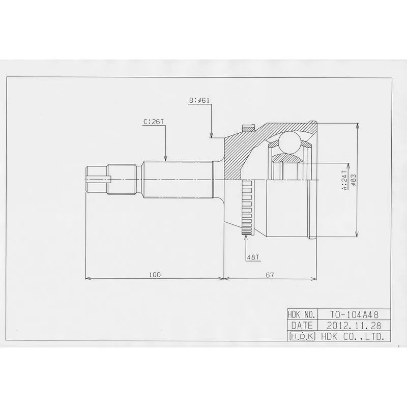 HDK JAPAN Шрус внешний с ABS 24 x 61 x 26