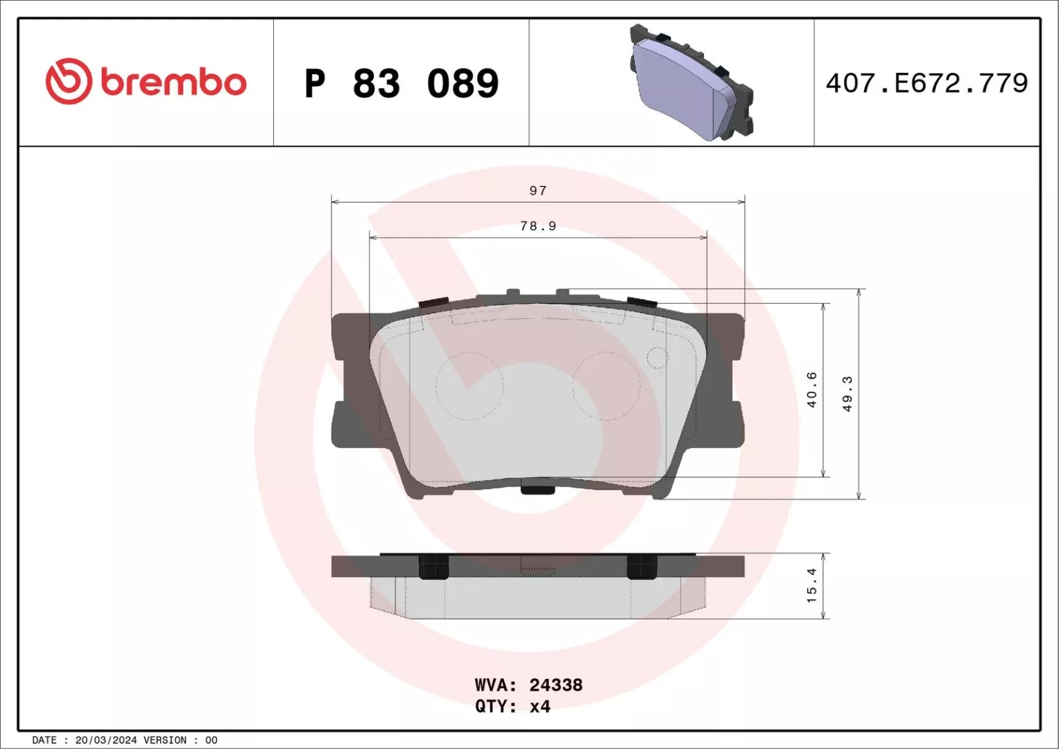 BREMBO Комплект Тормозных Колодок, Дисковый Тормоз P83089